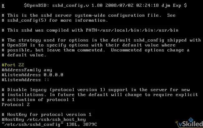 SSH configuration with the default Port 22 line commented out