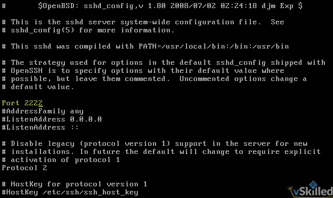 SSH configuration with the listening port changed to 2222