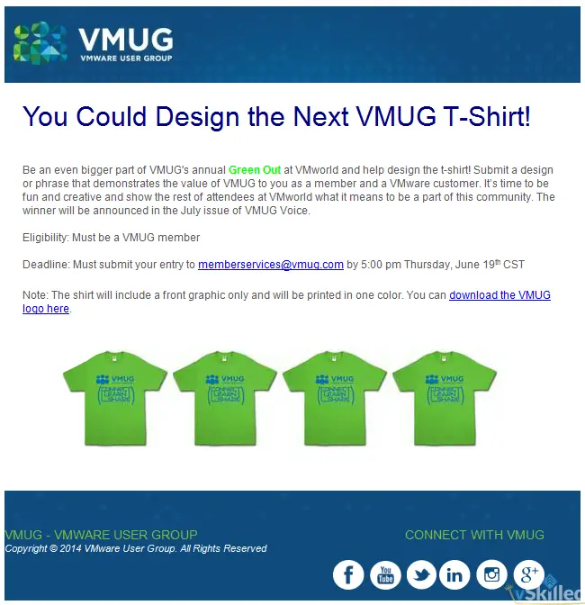 VMUG announcement for its green T-shirt design contest