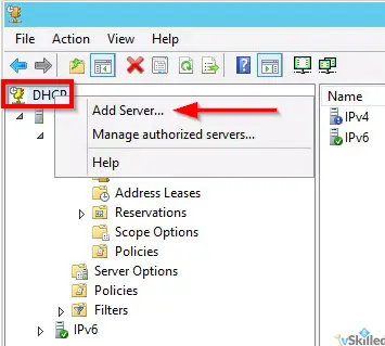 DHCP management console with Add Server selected