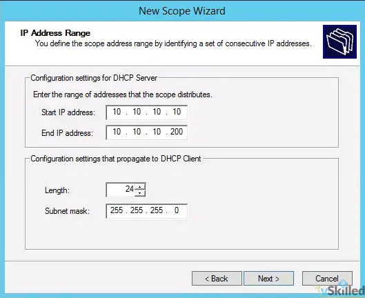 DHCP scope range from 10.10.10.10 to 10.10.10.200 with a /24 subnet mask