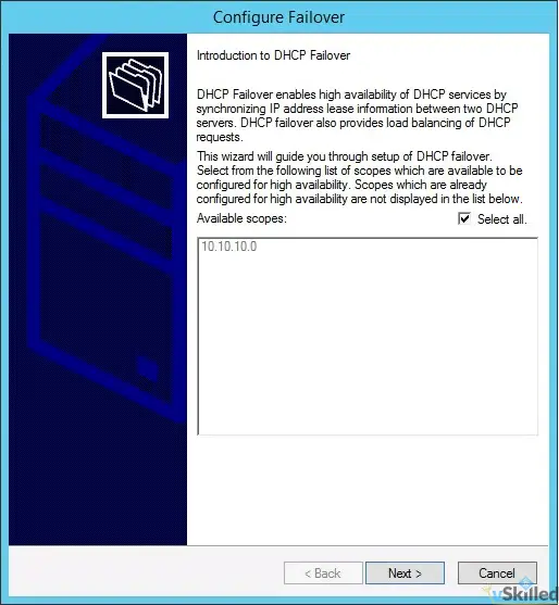 Configure Failover wizard selecting the DHCP scope
