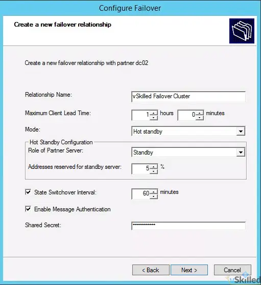 DHCP failover relationship configured for hot standby with a one-hour switchover interval