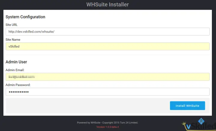 WHSuite installer site configuration and administrator account form