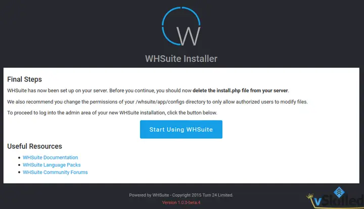 Final setup steps include deleting install.php and making the configuration directory read-only.