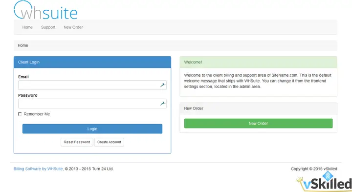 WHSuite client login page with a New Order button