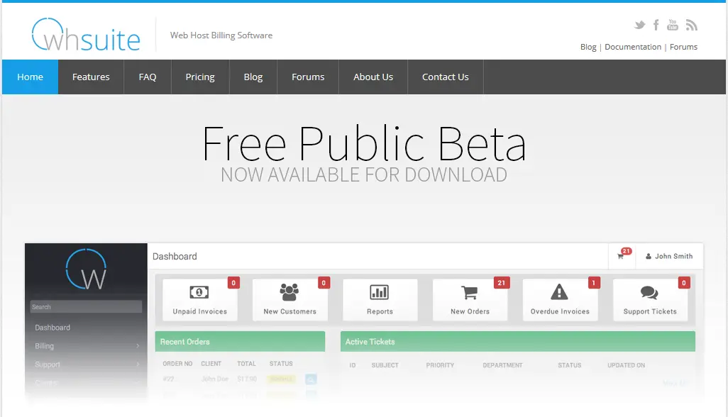 WHSuite website announcing its free public beta