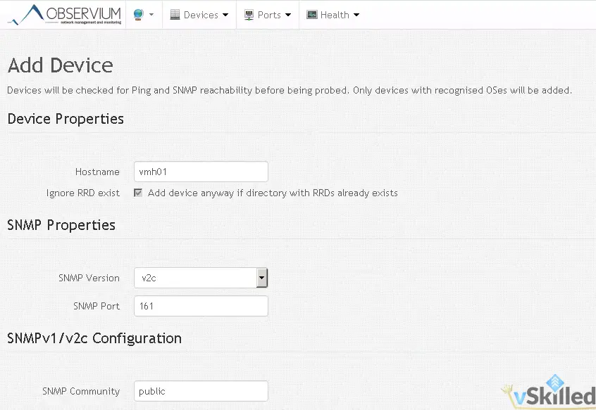 Observium Add Device form configured for SNMP v2c on port 161