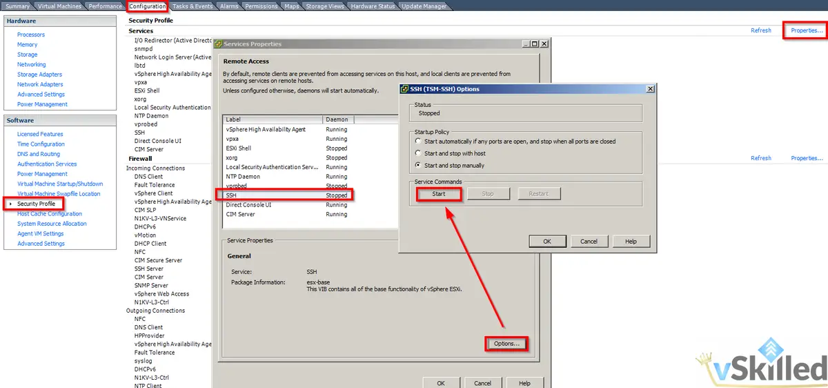 vSphere Security Profile and SSH service options with Start highlighted