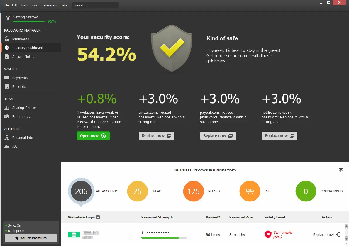 Dashlane security dashboard showing a 54.2 percent password security score