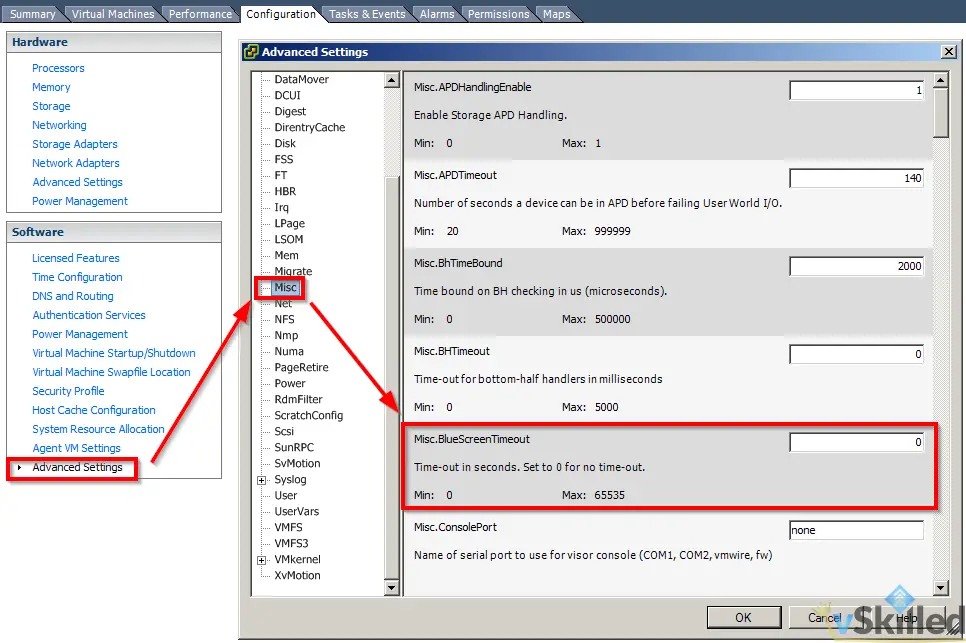 vSphere Client Advanced Settings highlighting Misc.BlueScreenTimeout