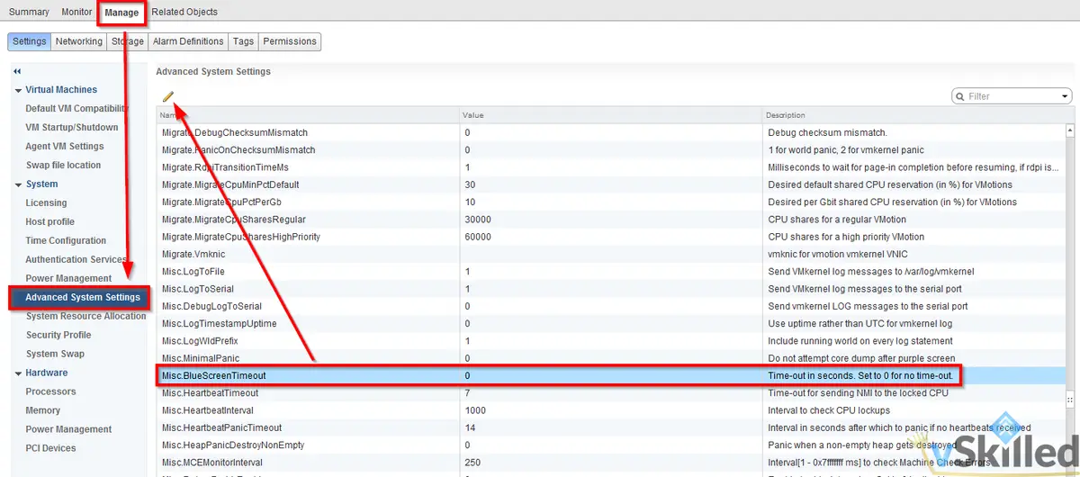 vSphere Web Client Advanced System Settings highlighting Misc.BlueScreenTimeout