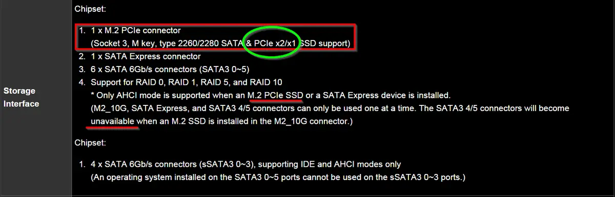 Motherboard specifications highlighting that its M.2 slot supports PCIe x2 or x1