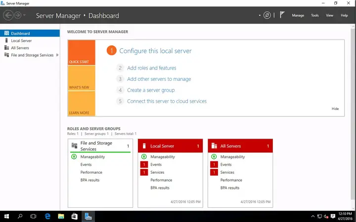 The dashboard shows green File and Storage Services status and red alerts for Local Server and All Servers.