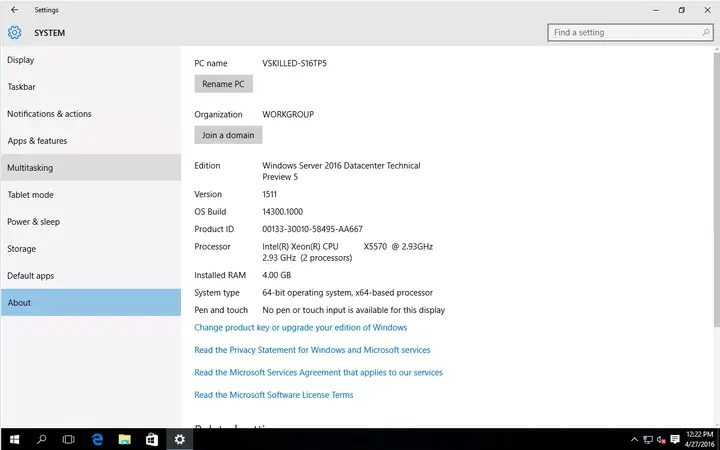 System information lists a 64-bit Datacenter Technical Preview 5 installation with 4 GB of RAM.