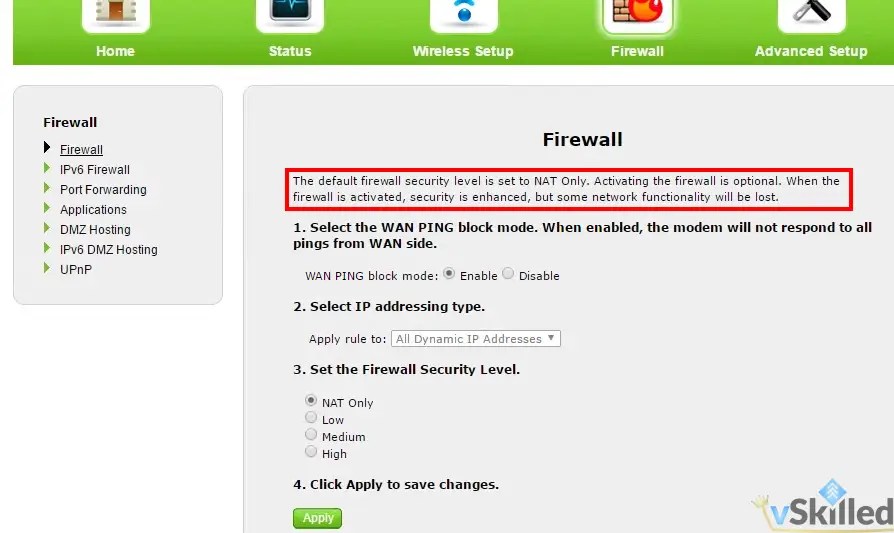 NAT Only is selected; the other firewall security levels are Low, Medium and High.