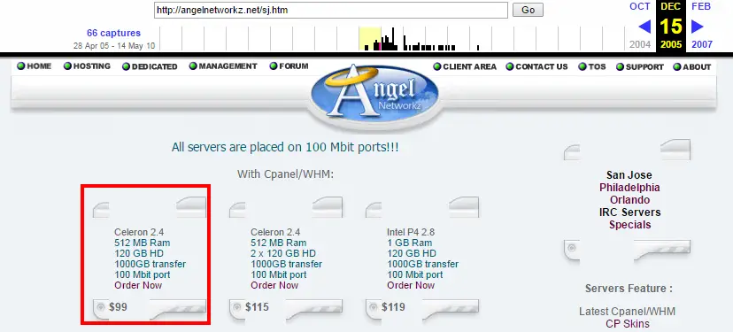 Archived AngelNetworkz website highlighting a Celeron dedicated server plan