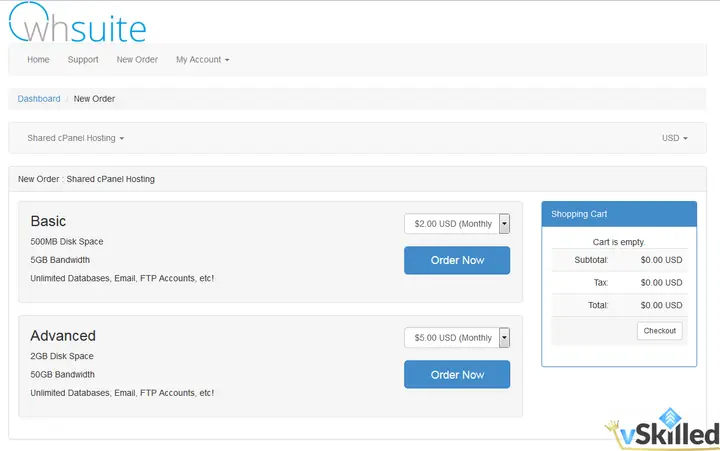 WHSuite order page comparing Basic and Advanced hosting packages