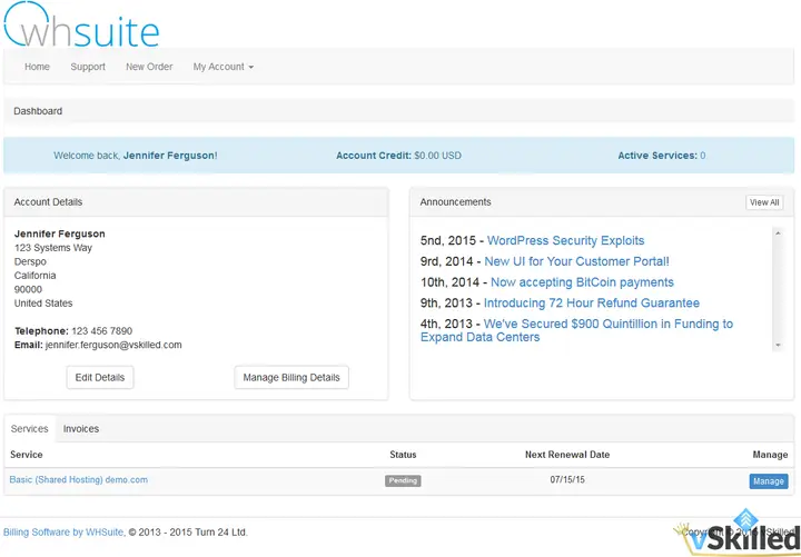 WHSuite client dashboard with account details, announcements and services