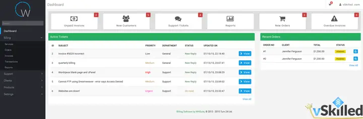 WHSuite administrator dashboard listing active tickets and recent orders
