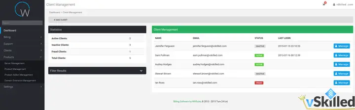WHSuite client management list with account status and Manage buttons