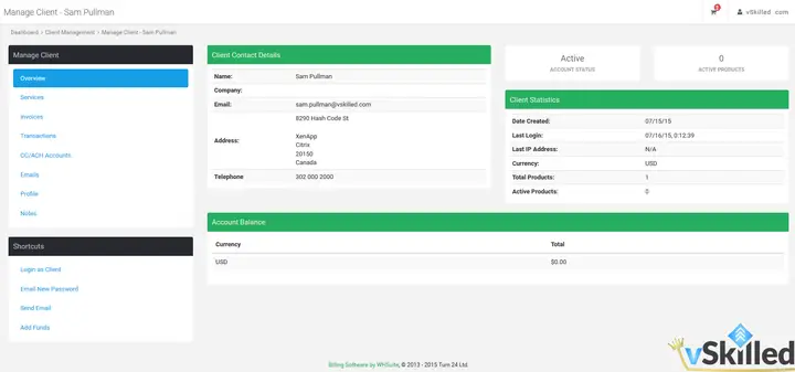 WHSuite administrator view of a client profile and account balance