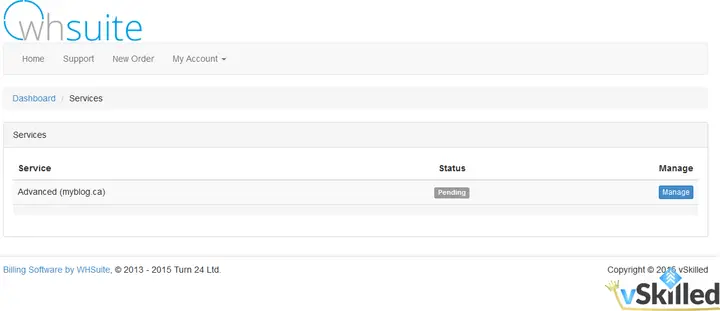 WHSuite client service list showing a pending hosting package