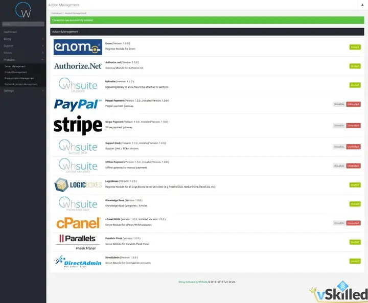 WHSuite addon management page with payment gateways and hosting integrations