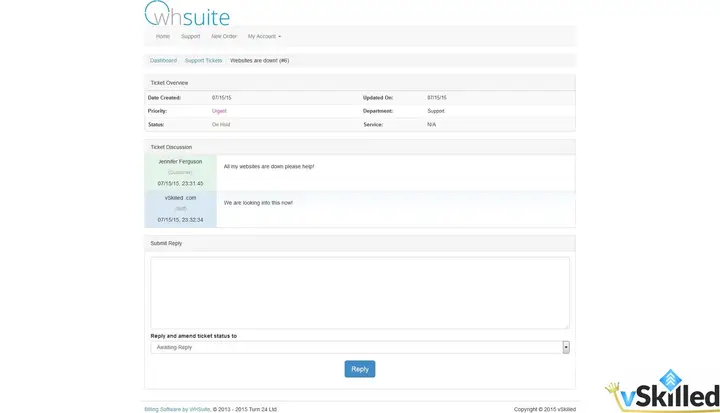 Ticket conversation above a reply box and ticket status selector