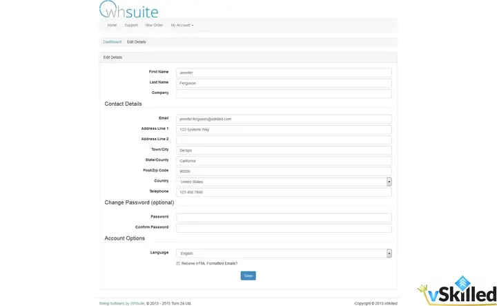 WHSuite client profile form for contact details and account settings