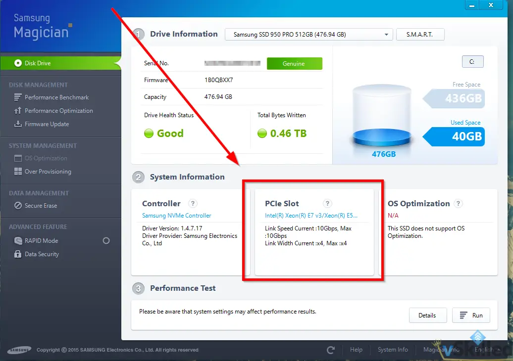 Samsung Magician reporting the 950 PRO connected through a four-lane PCIe slot