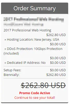WHMCS order summary with the original total crossed out and Promo Code Active displayed