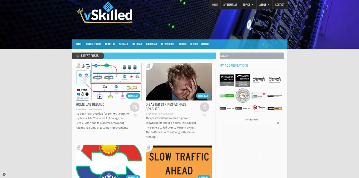 Earlier vSkilled website design with a blue header and grid of posts
