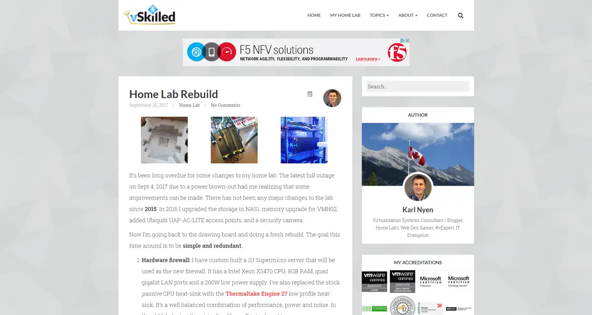 Redesigned vSkilled website showing the Home Lab Rebuild post and author sidebar