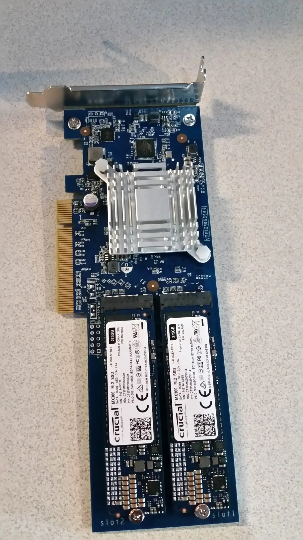 Two M.2 SSDs installed side by side below the adapter card heatsink
