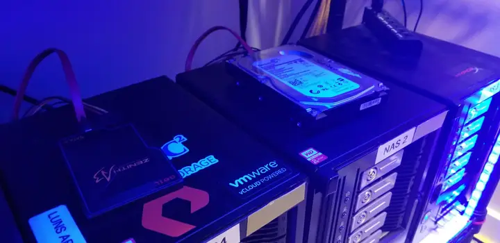 External hard drives resting on top of the modified Thecus NAS units