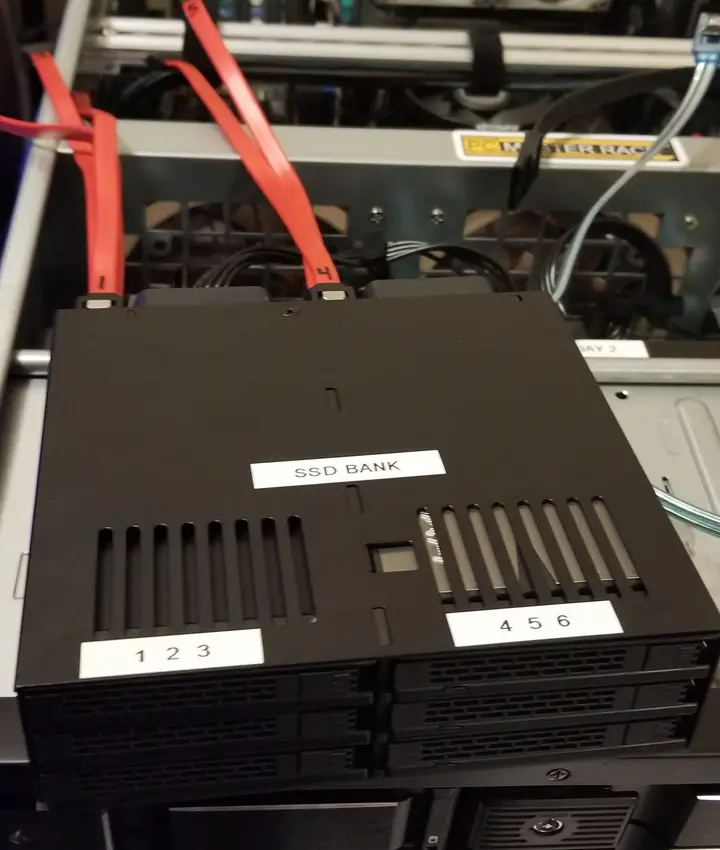 Icy Dock six-bay SSD cage labeled SSD BANK
