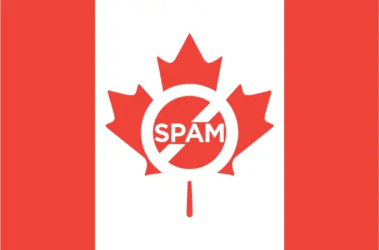 Canadian flag with a crossed-out spam symbol on the maple leaf