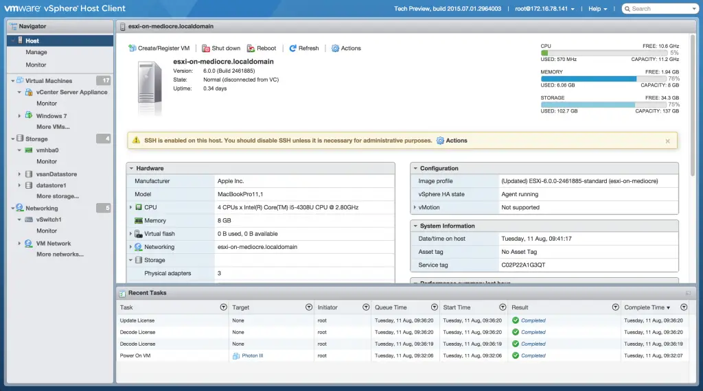 VMware ESXi HTML5 Host Client overview showing host hardware and resource usage