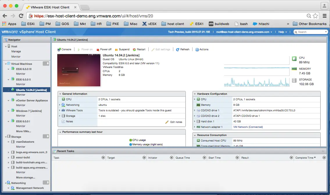 VMware ESXi Host Client virtual machine view with performance charts and a console preview
