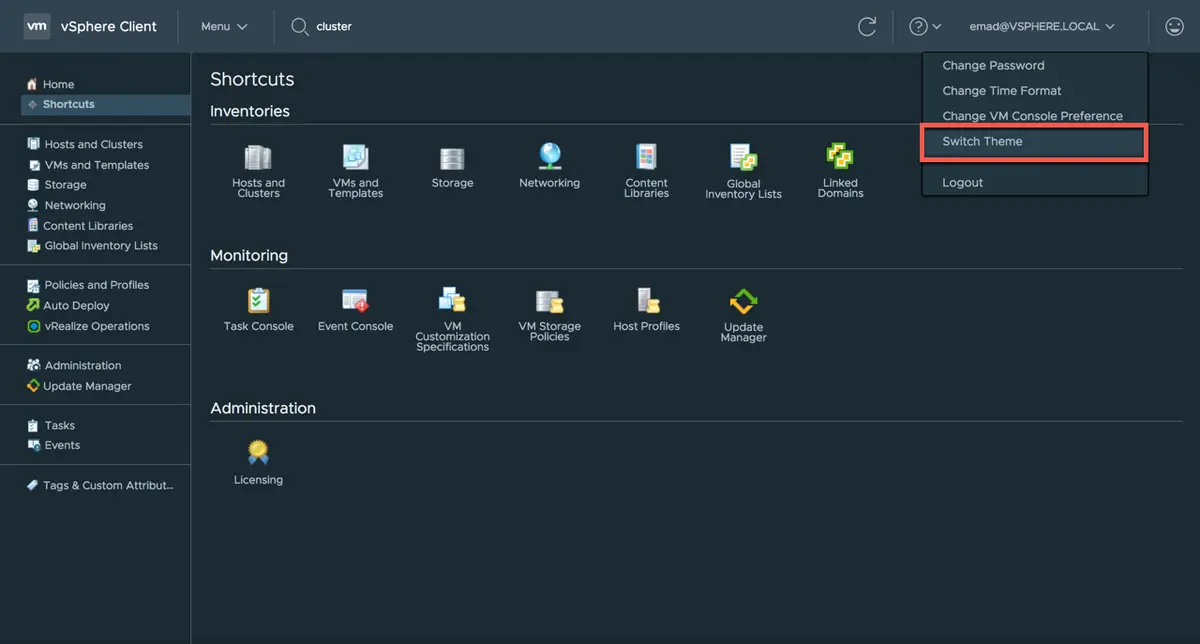 vSphere Client in dark mode with Switch Theme highlighted