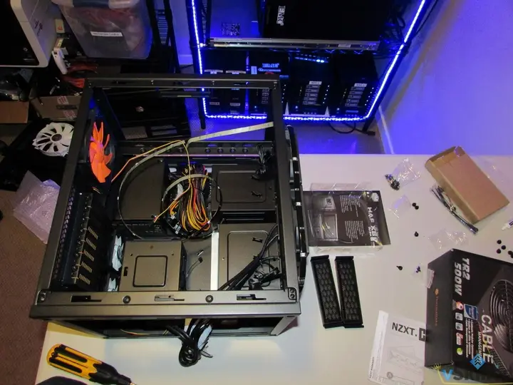 Open Cooler Master HAF XB case with power supply and cabling installed