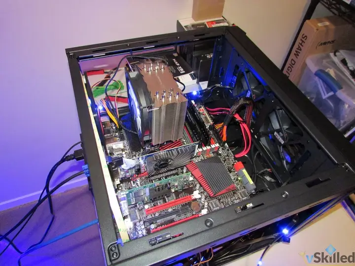Motherboard with a tower CPU cooler installed in the HAF XB case