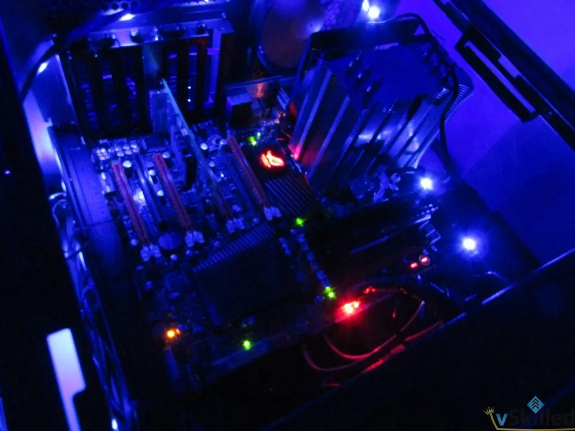 Server motherboard illuminated by blue case lighting