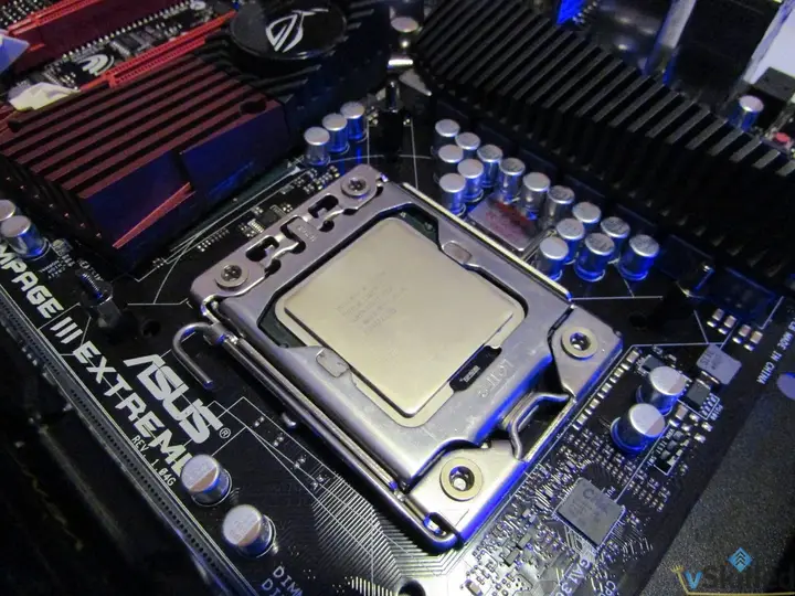 Intel processor seated in the ASUS Rampage III Extreme motherboard