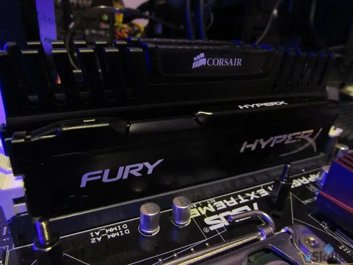 Corsair and HyperX Fury memory modules installed side by side