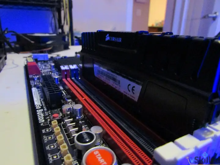 Low-angle view of the installed memory modules and motherboard slots