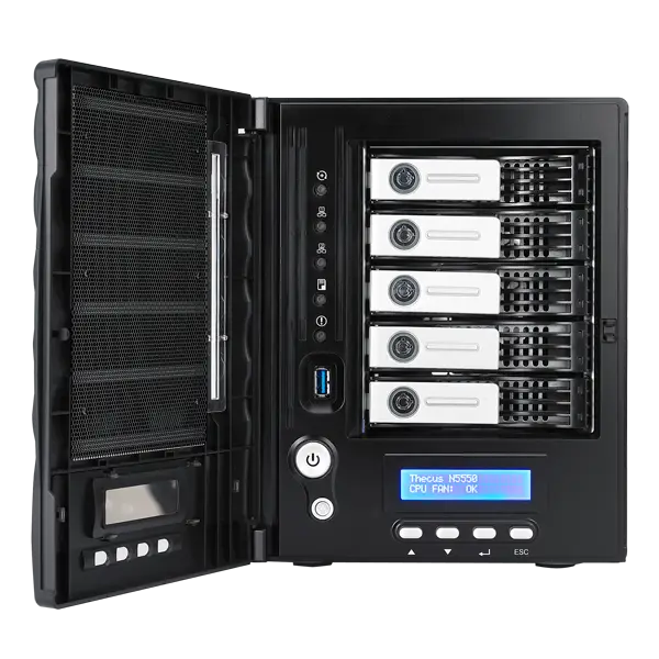 Thecus N5550 NAS with its front door open and five drive bays visible