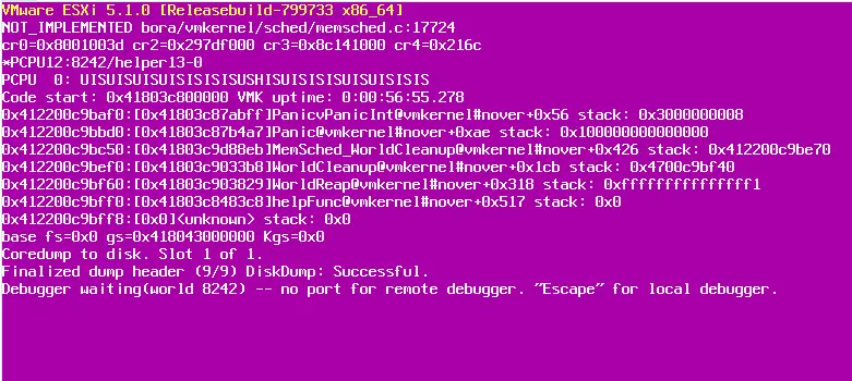 VMware ESXi purple diagnostic screen with a crash stack trace