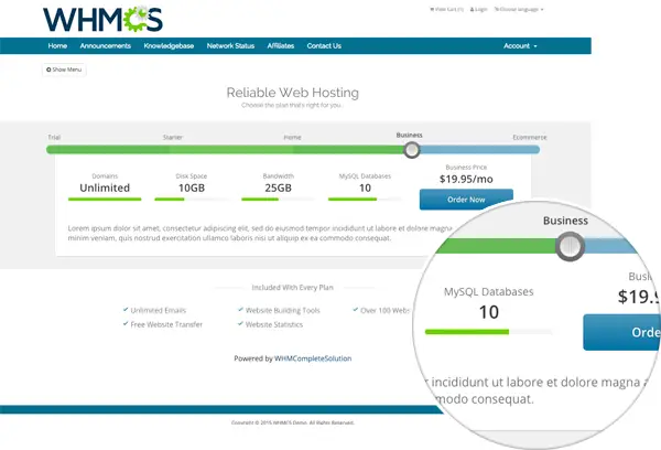 WHMCS hosting order form with a slider for selecting package resources